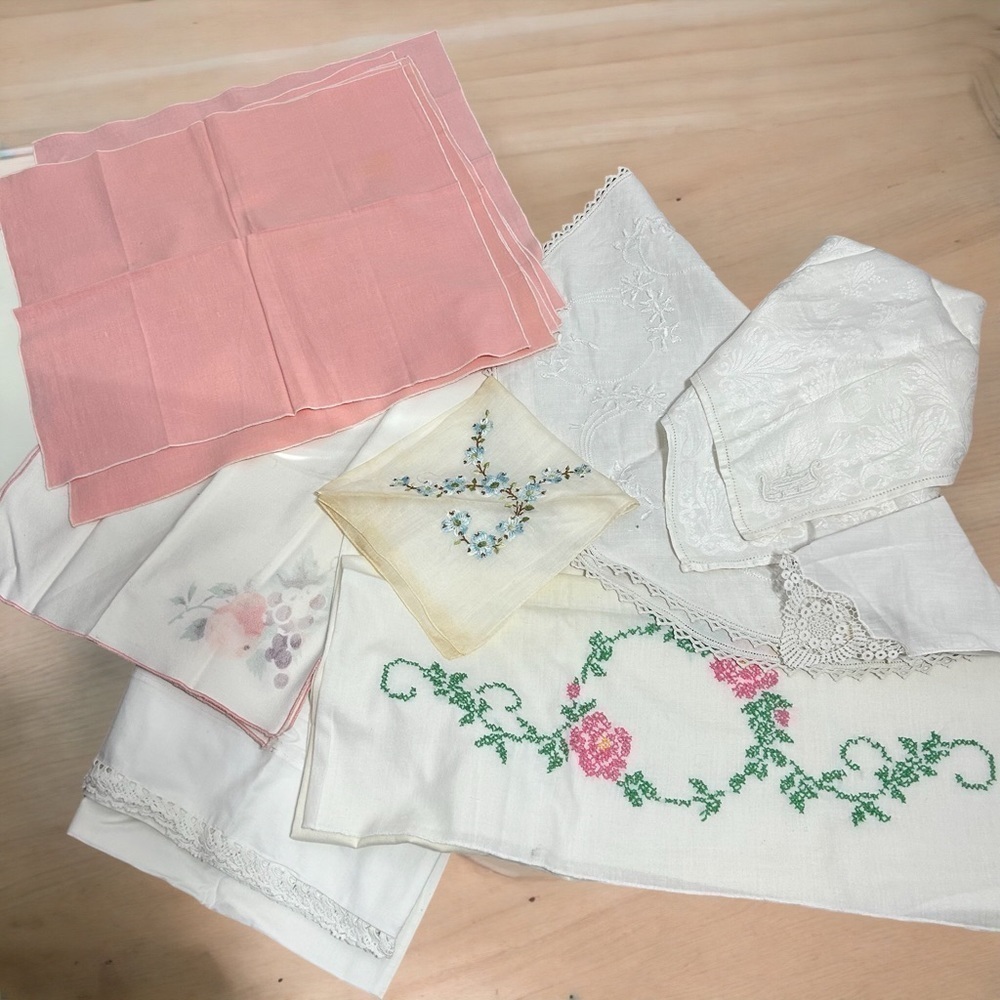 Vintage Embroidered Pillow Case Lace Doily Napkins Handkerchief Mixed Lot Bundle
